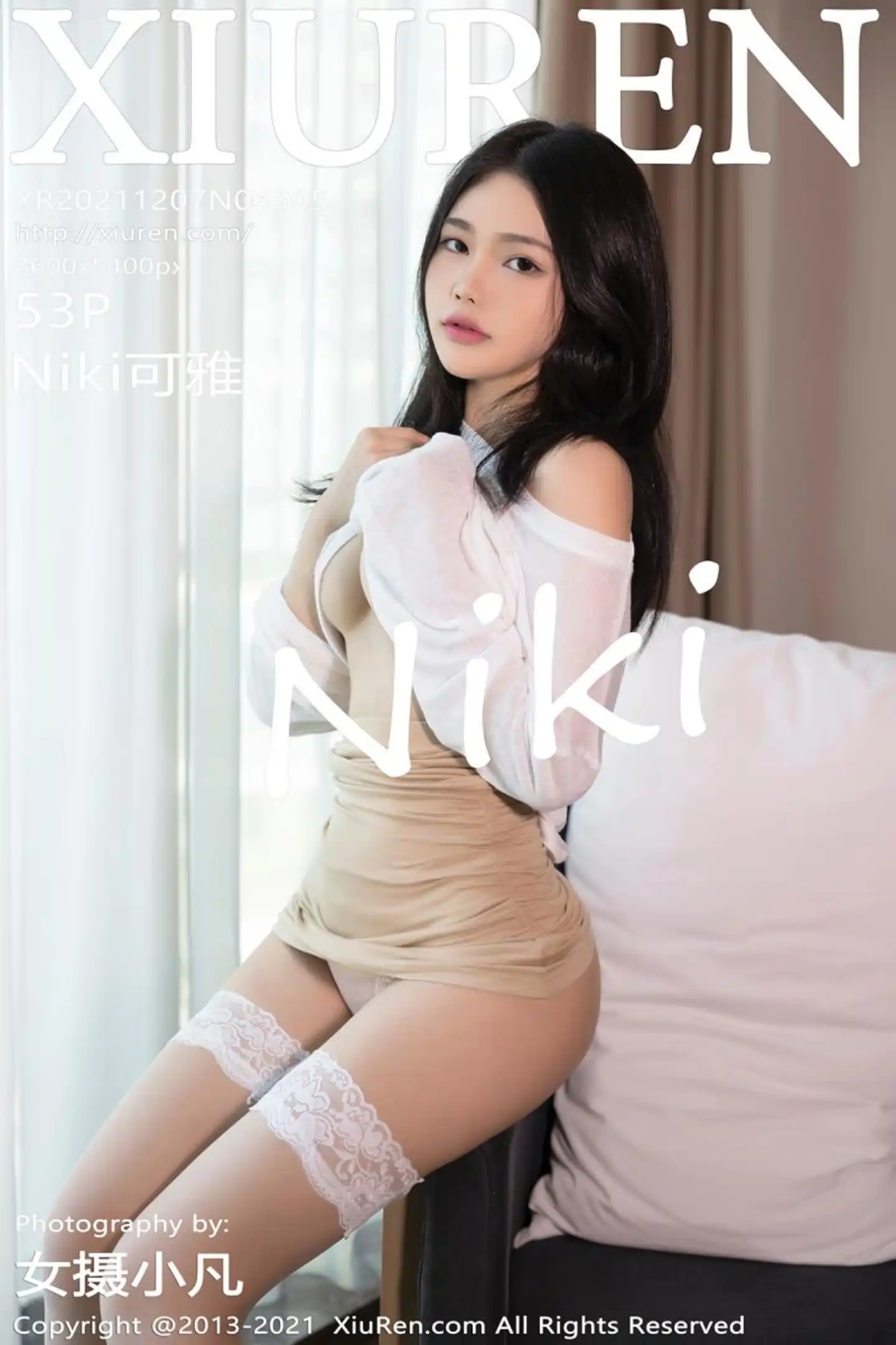 [XiuRen秀人网]VOL.4305 模特Niki可雅白色薄透服饰配超短裙蕾丝袜秀翘臀美腿诱惑写真53P-秀人网官方网站